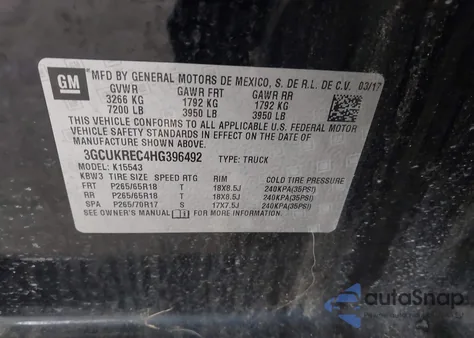 2017 Chevrolet Silverado 1500 2Lt из США, поврежденный, VIN 3GCUKREC4HG396492